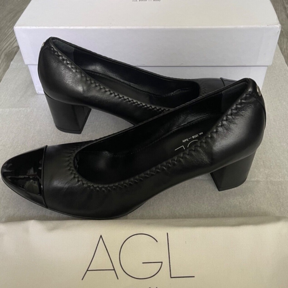 AGL ATTILIO GIUSTI LEOMBRUNI Cap Toe Pump Heel Shoes Black Leather NEW 38.5